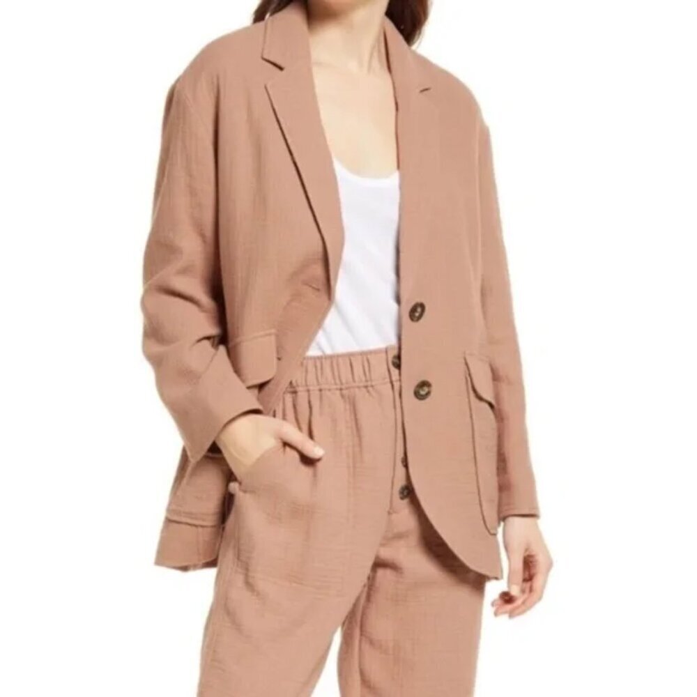 Madewell Larsen blazer cotton linen boxy tan taupe brown crinkle over-sized 1X